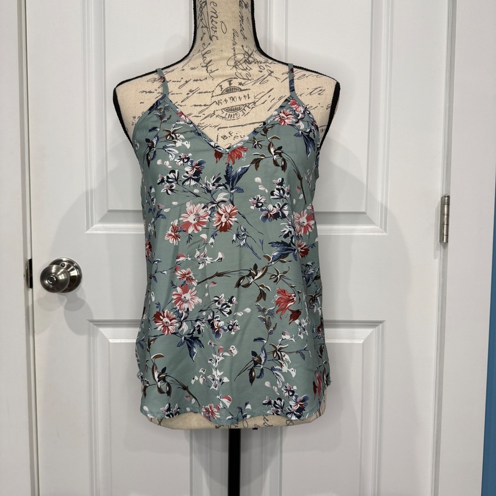 SHEIN Women Sage Green Floral V-Neck Cami Spaghetti Strap Tank Top Size XS